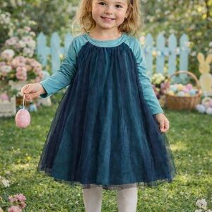 Tea Collection Blue Layered Tulle Long Sleeve Festive Dress Easter 4 Cotton Soft